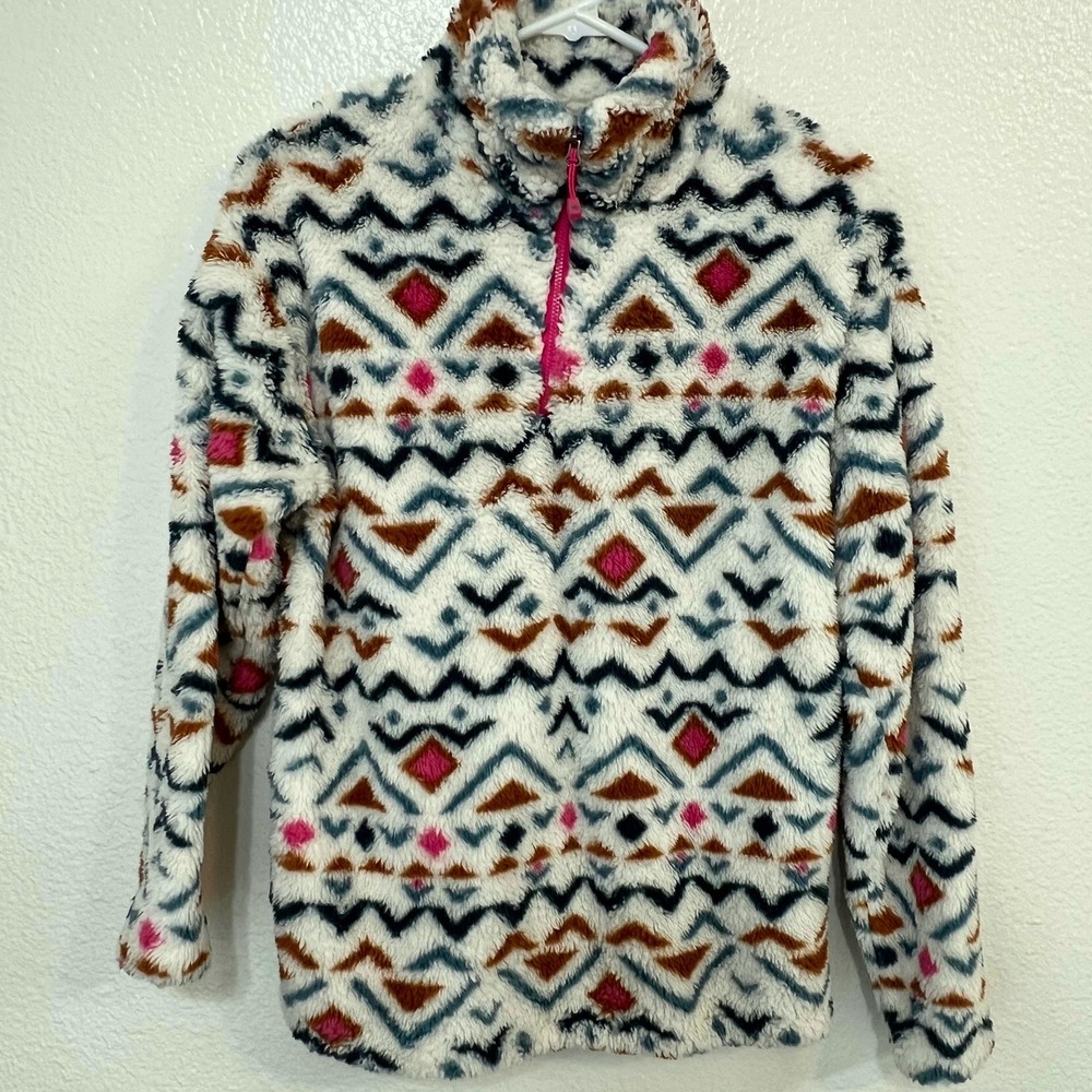 Eddie Bauer Womens Small Fleece Pullover Aztec Print Mock Neck Pink Geometric